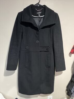 Club Monaco Black Classy Long Pea Coat Button Front Wool Blend Lux Sz Med